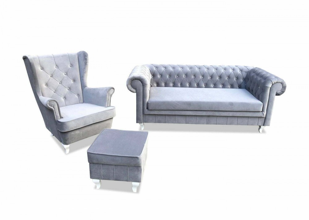 Sofa Chesterfield + Fotel Uszak + Podnóżek